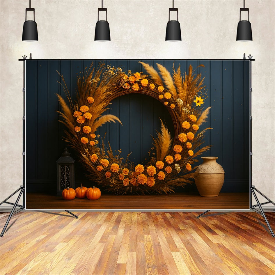Kürbis-Hintergrund Goldener Kranz Rustikaler Charme Thanksgiving-Hintergrund LXX510-42
