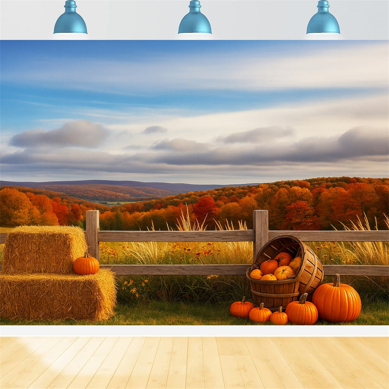 Bauernhof-Hintergrund Herbstliche Hügel Kürbisernte Fröhlicher Thanksgiving-Hintergrund LXX510-47
