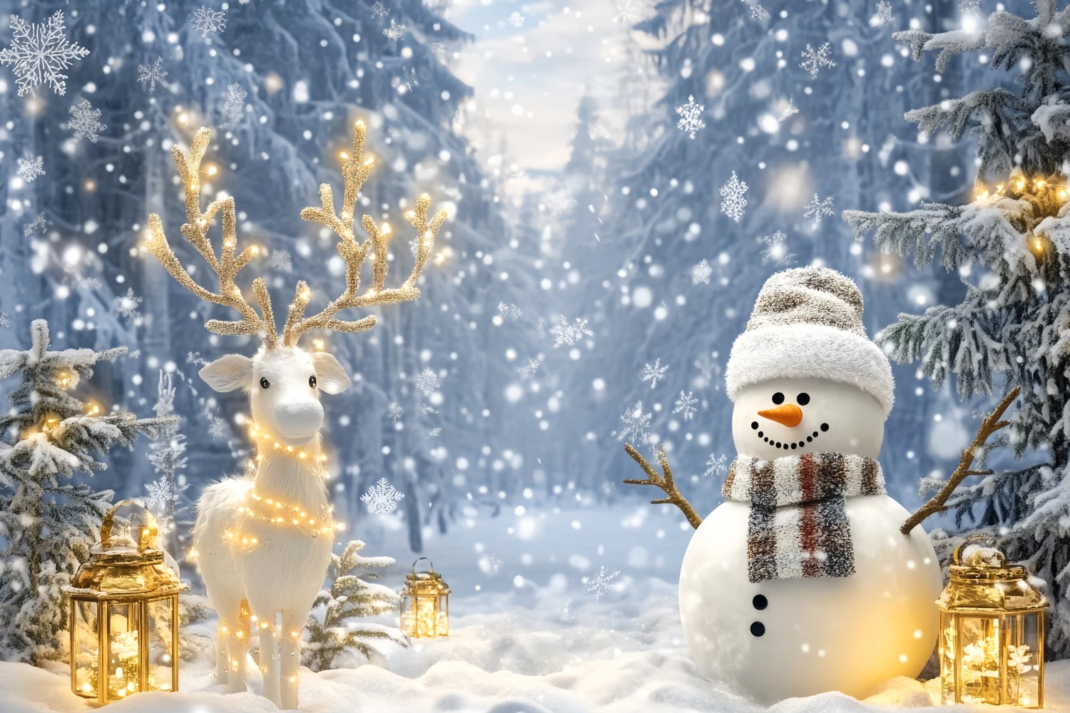 Wunderland-Hintergrund Schneemann Rentier Wald Glanz Winter-Foto-Hintergründe LXX510-65