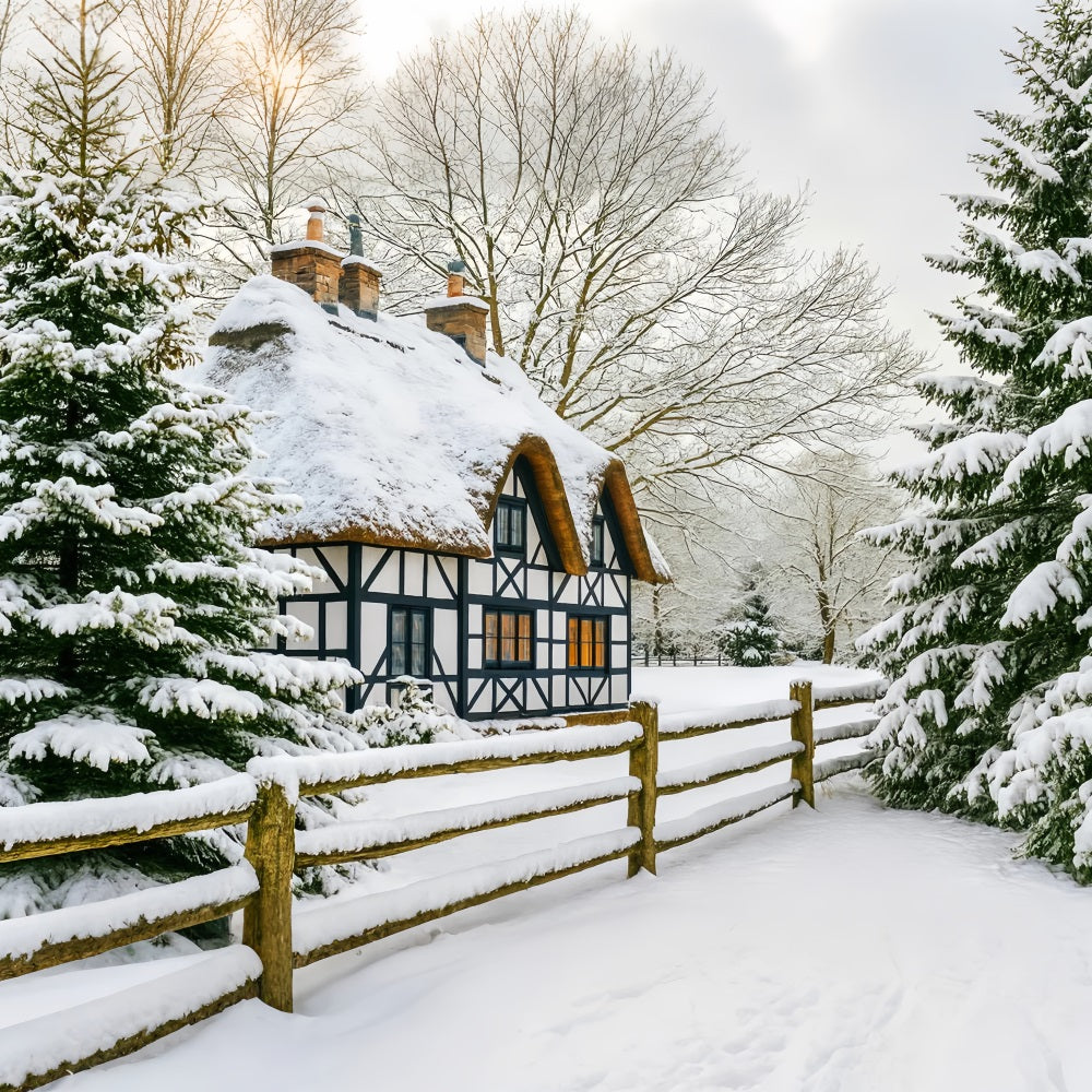 Winterwunderland-Hintergrund Schneehütte Kiefernwald Winterhintergrund LXX510-82