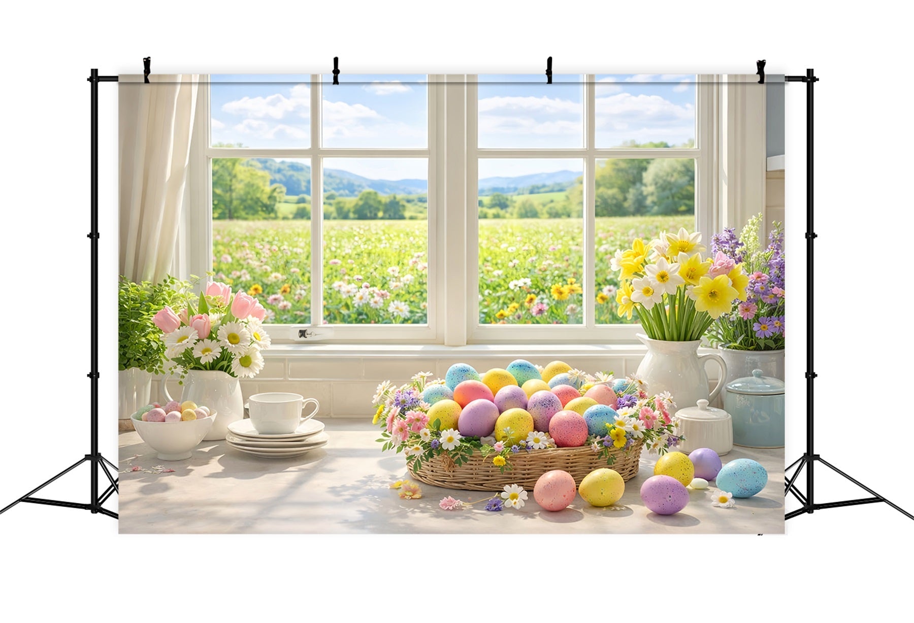 Oster-Eier-Hintergrund Frühlingsfenster-Korb Gänseblümchen-Tulpen-Hintergrund LXX512-102