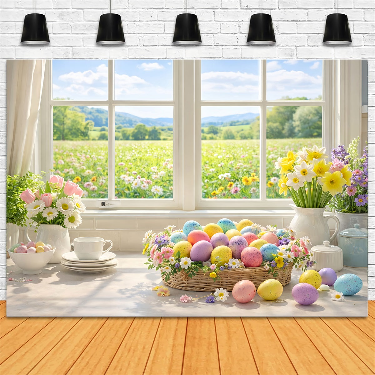 Oster-Eier-Hintergrund Frühlingsfenster-Korb Gänseblümchen-Tulpen-Hintergrund LXX512-102