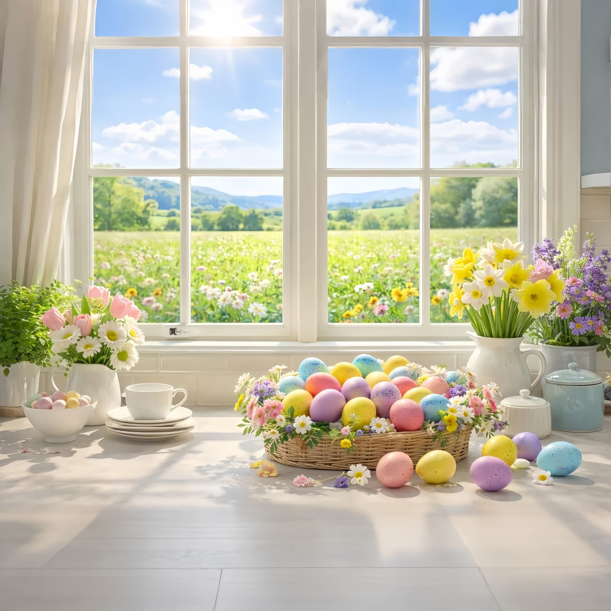 Oster-Eier-Hintergrund Frühlingsfenster-Korb Gänseblümchen-Tulpen-Hintergrund LXX512-102