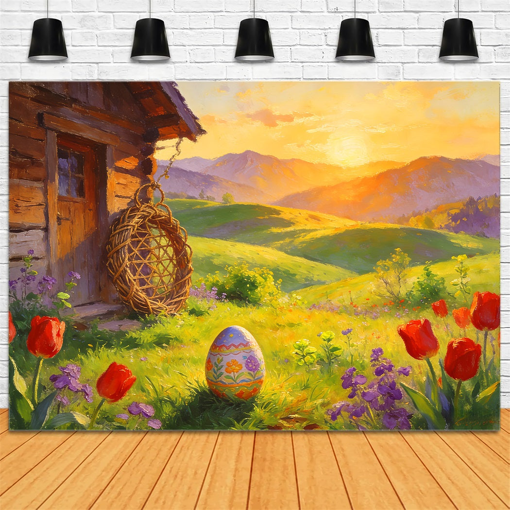 Ostereiersuche Hintergrund Bemalte Hütte Sonnenaufgang Wiese Tulpen Hintergrund LXX512-106