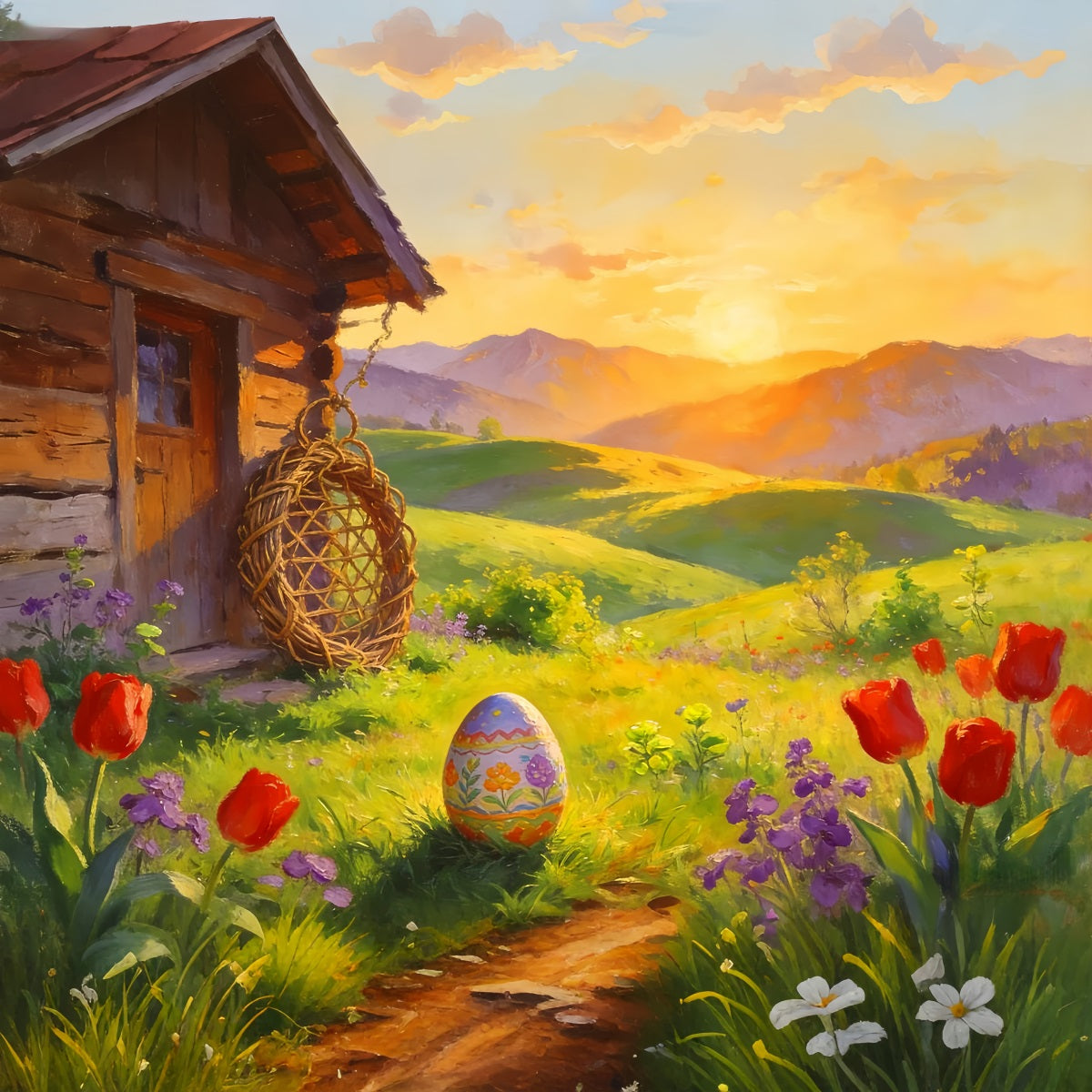 Ostereiersuche Hintergrund Bemalte Hütte Sonnenaufgang Wiese Tulpen Hintergrund LXX512-106
