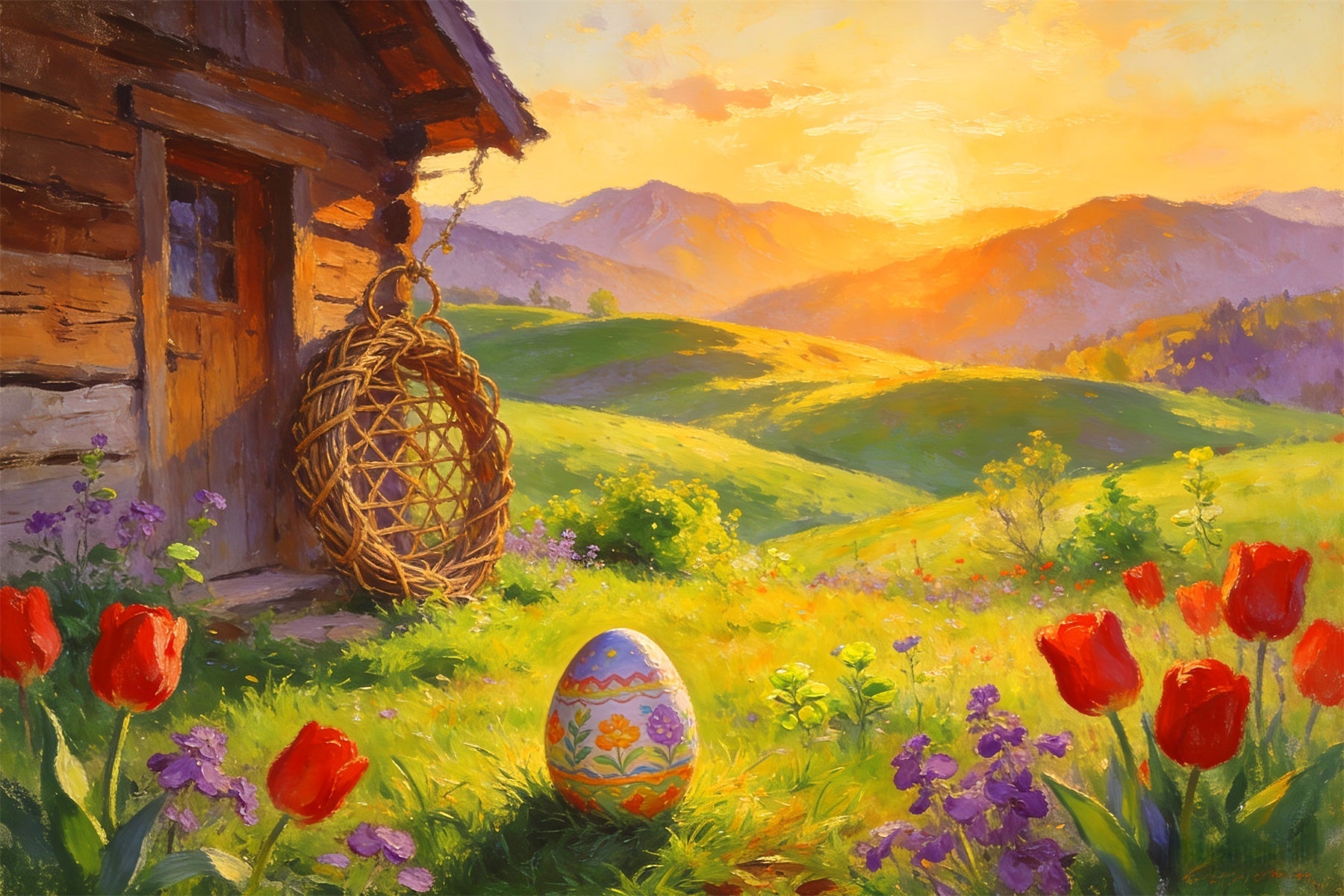 Ostereiersuche Hintergrund Bemalte Hütte Sonnenaufgang Wiese Tulpen Hintergrund LXX512-106