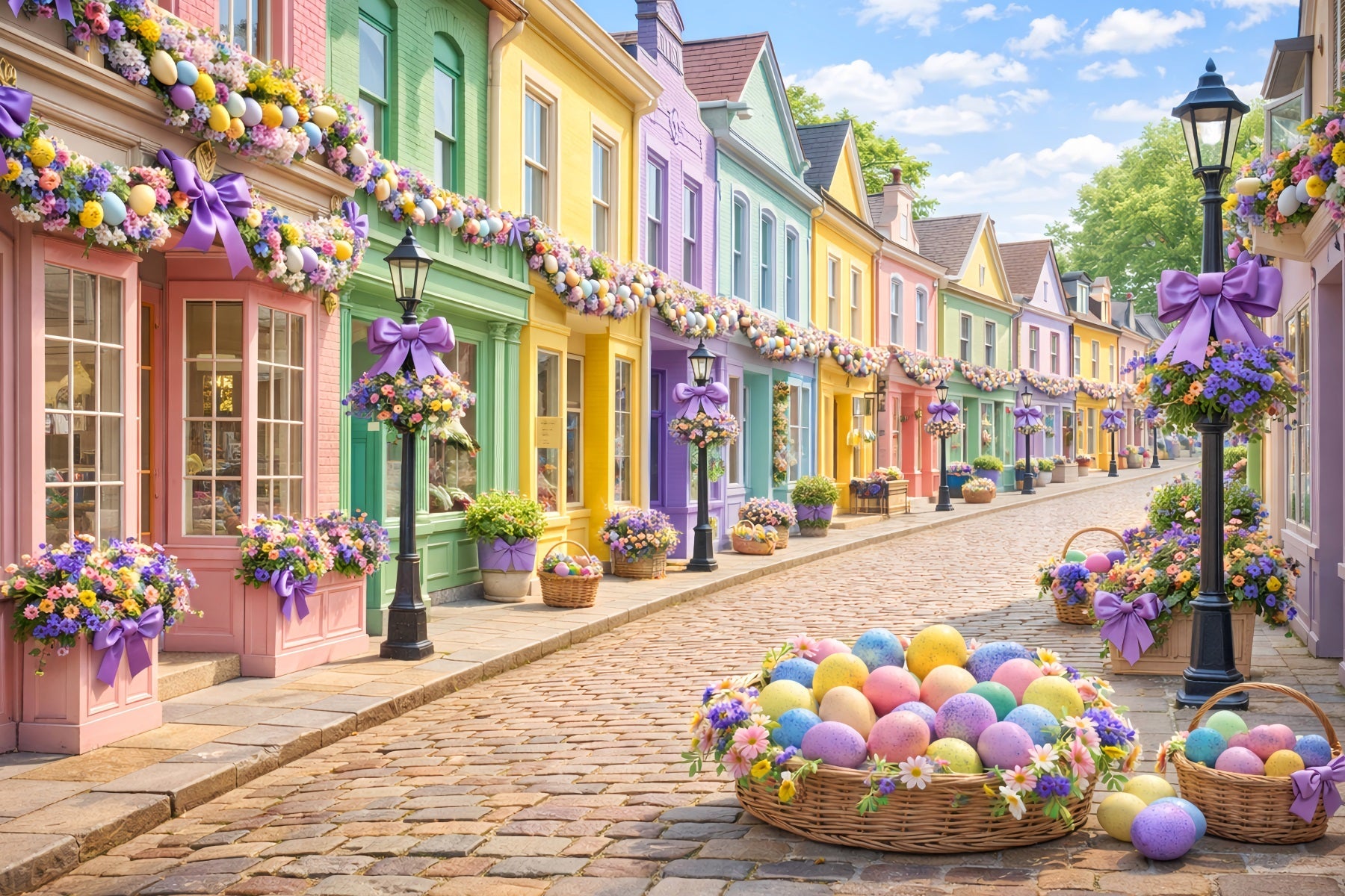 Osterkorb Hintergrund Pastell Eier Dorfstraße Ostern Fotohintergrund LXX512-107