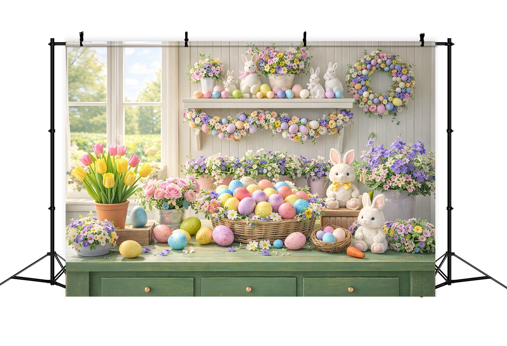 Osterblumen-Hintergrund Pastellfarbene Eier Tulpenfenster Hasen-Hintergrund LXX512-114