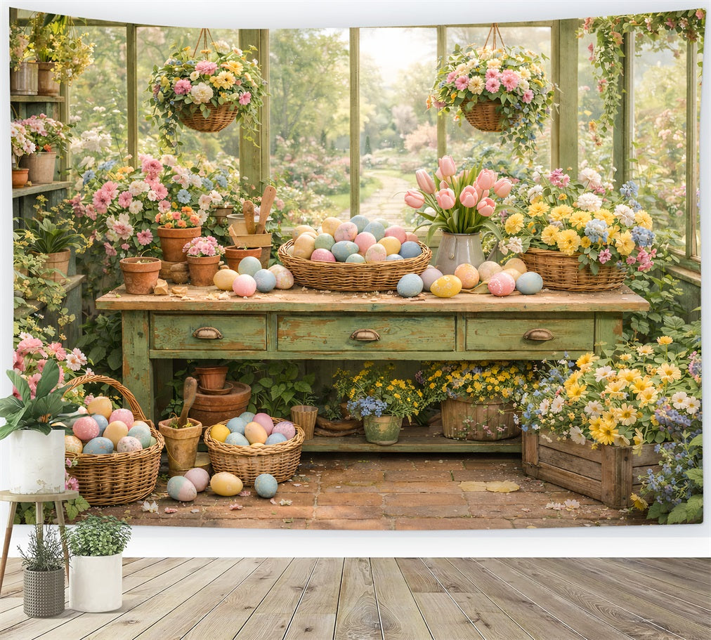 Osterkorb-Hintergrund Gewächshaus Gartentisch Oster-Ei-Hintergrund LXX512-115