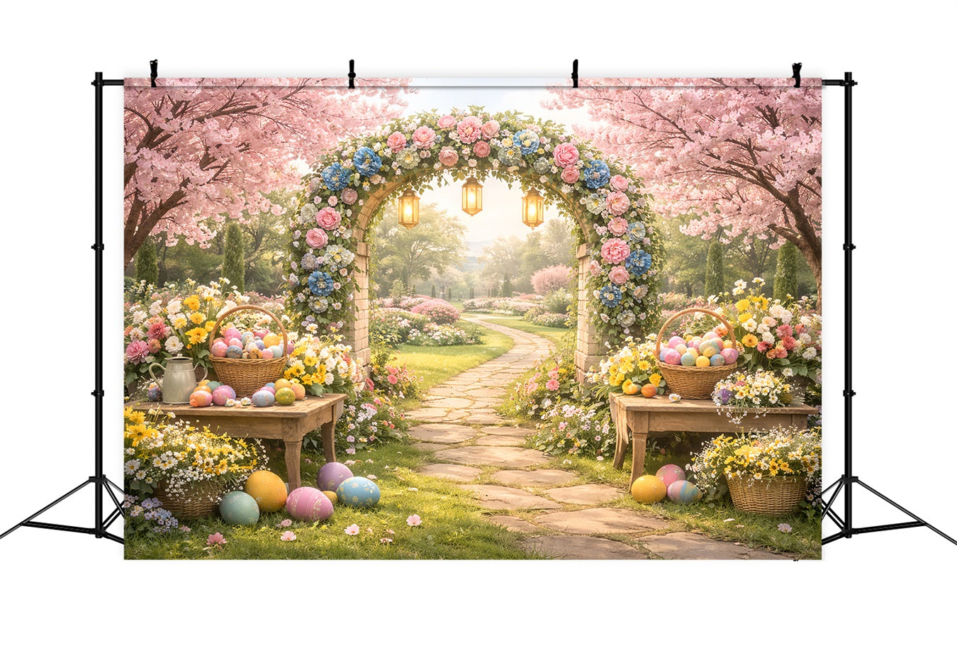 Oster-Blumen-Kulisse mit blühendem Garten, Blumen-Eierbogen und Oster-Kulissenideen LXX512-119