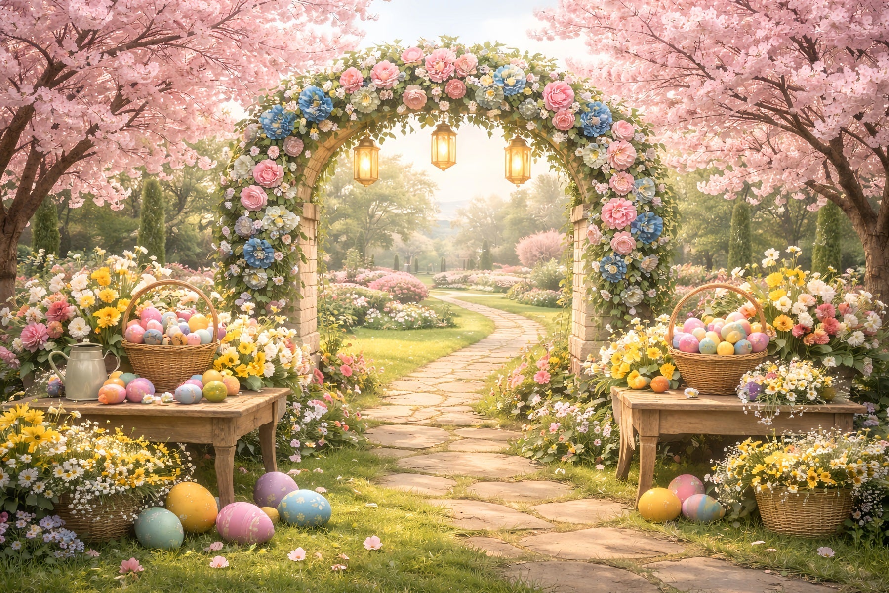 Oster-Blumen-Kulisse mit blühendem Garten, Blumen-Eierbogen und Oster-Kulissenideen LXX512-119