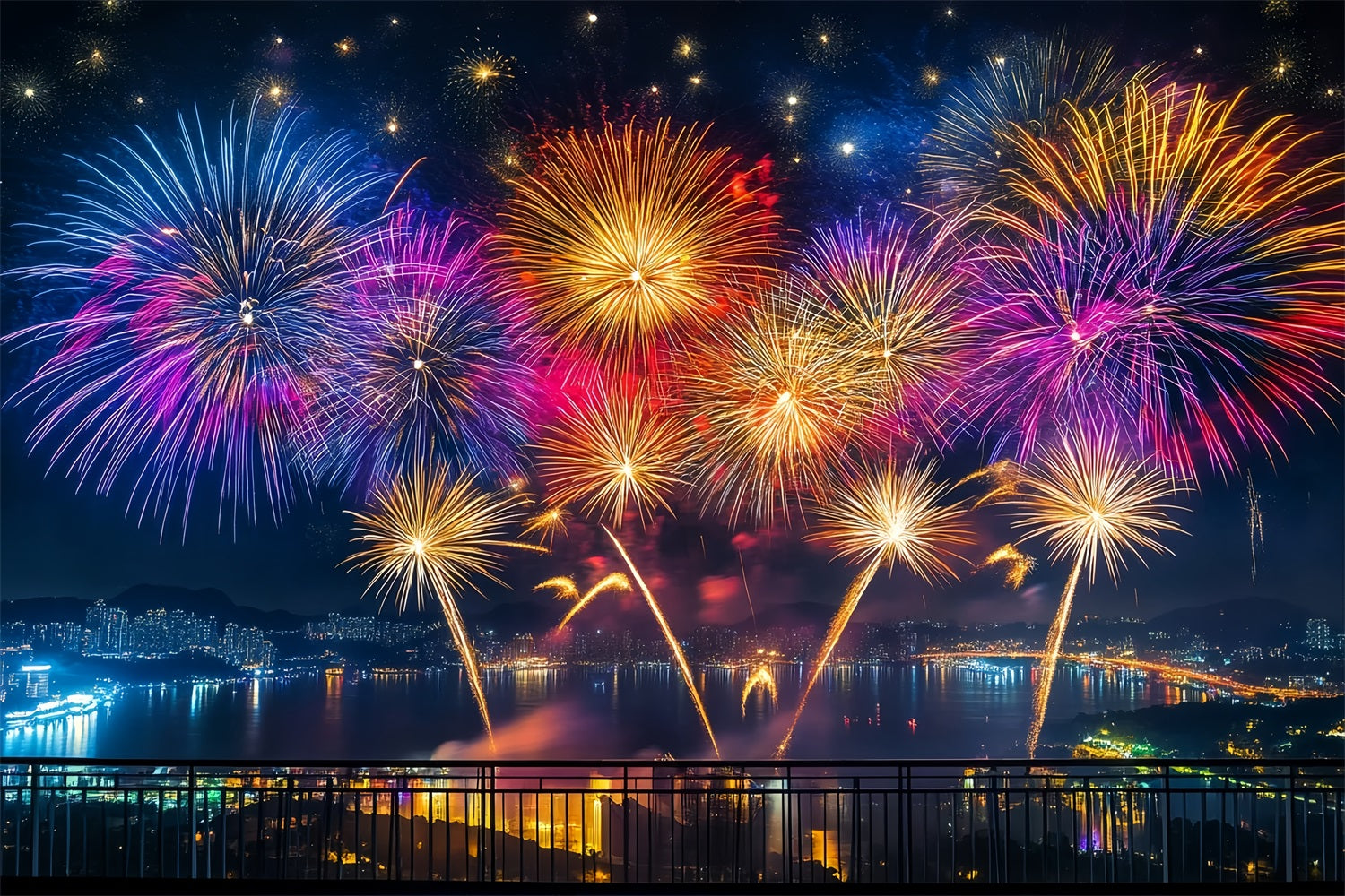 Neujahrs-Hintergrund Lebendiges Feuerwerk Hafenpanorama Stadtnacht-Hintergrund LXX512-11
