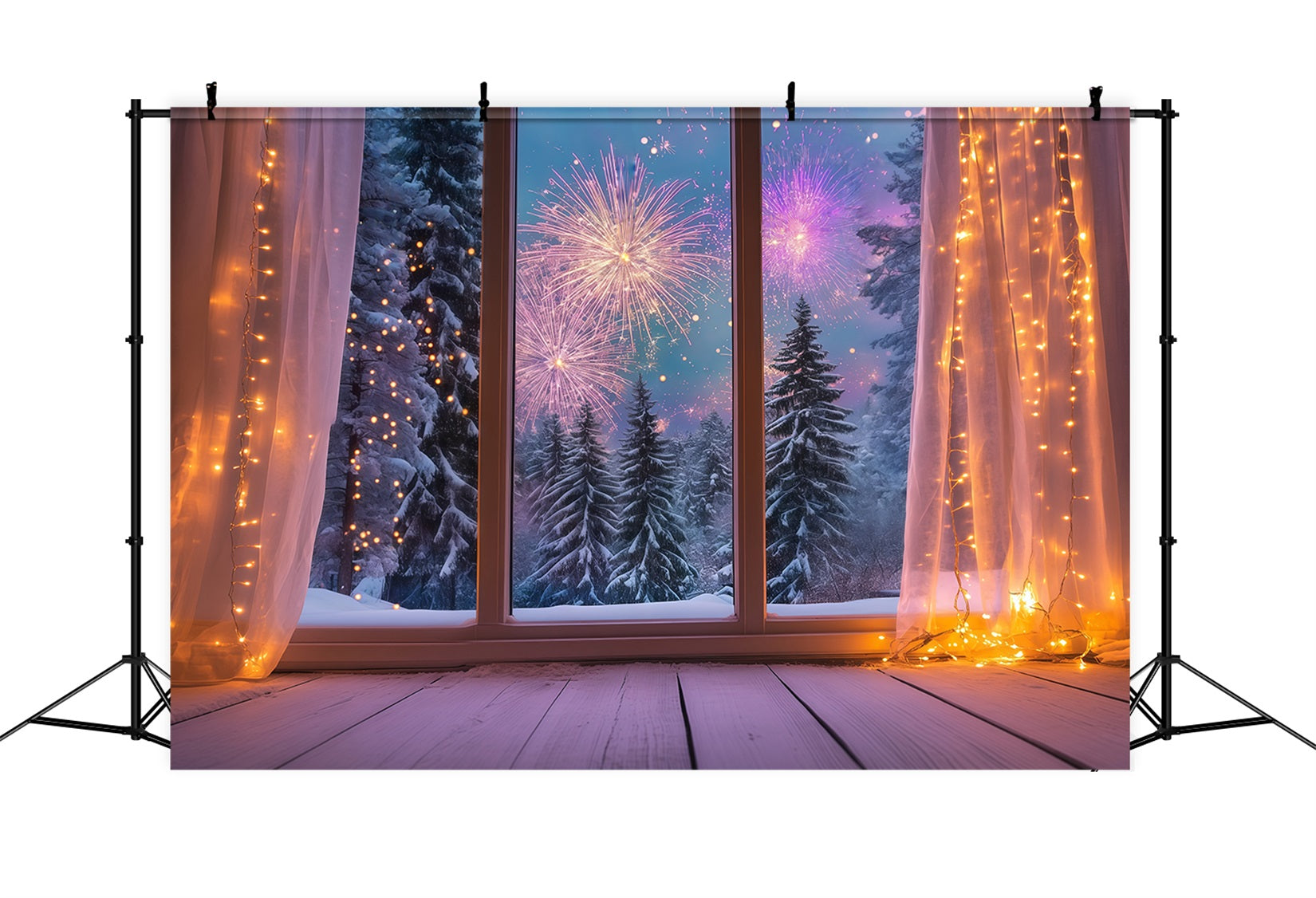 Neujahrs-Hintergrund Gemütliches Winterfenster Feuerwerk Silvester-Hintergrund LXX512-12