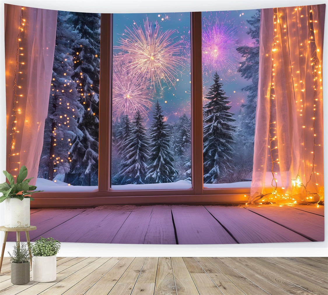 Neujahrs-Hintergrund Gemütliches Winterfenster Feuerwerk Silvester-Hintergrund LXX512-12