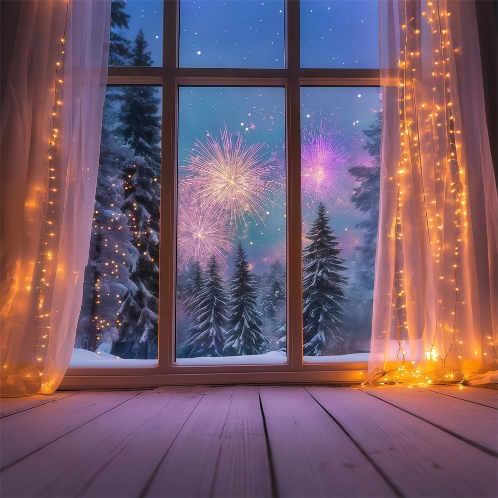 Neujahrs-Hintergrund Gemütliches Winterfenster Feuerwerk Silvester-Hintergrund LXX512-12