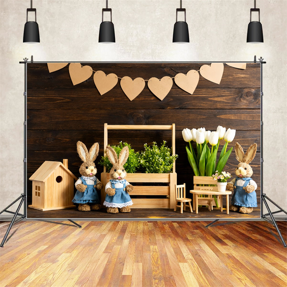 Rustikaler Osterhintergrund Rustikaler Hasenholz-Display Peter Rabbit-Hintergrund LXX512-123