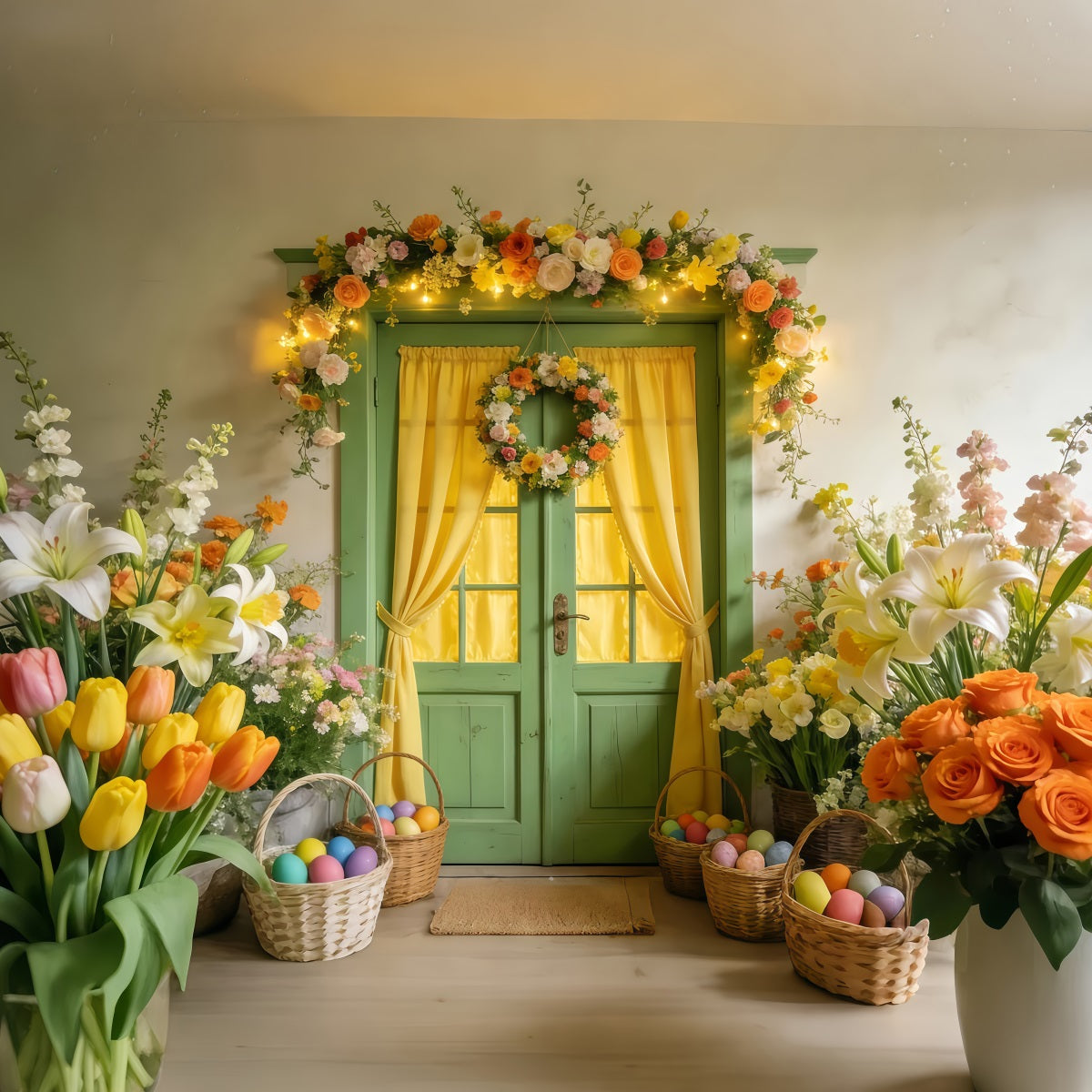 Tulpenhintergrund Grüne Tür Blumenkranz Leuchtender Ostereierhintergrund LXX512-124