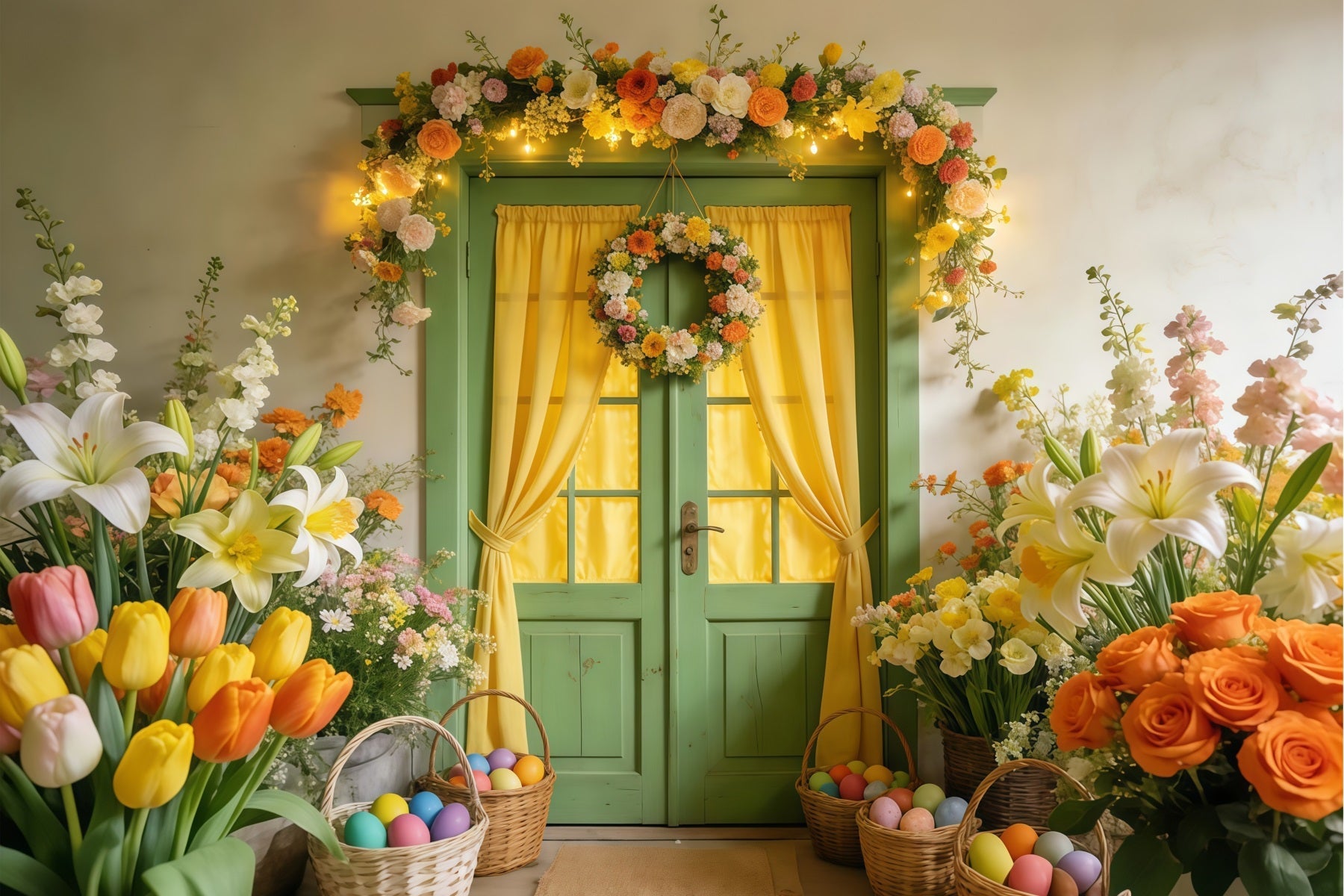 Tulpenhintergrund Grüne Tür Blumenkranz Leuchtender Ostereierhintergrund LXX512-124