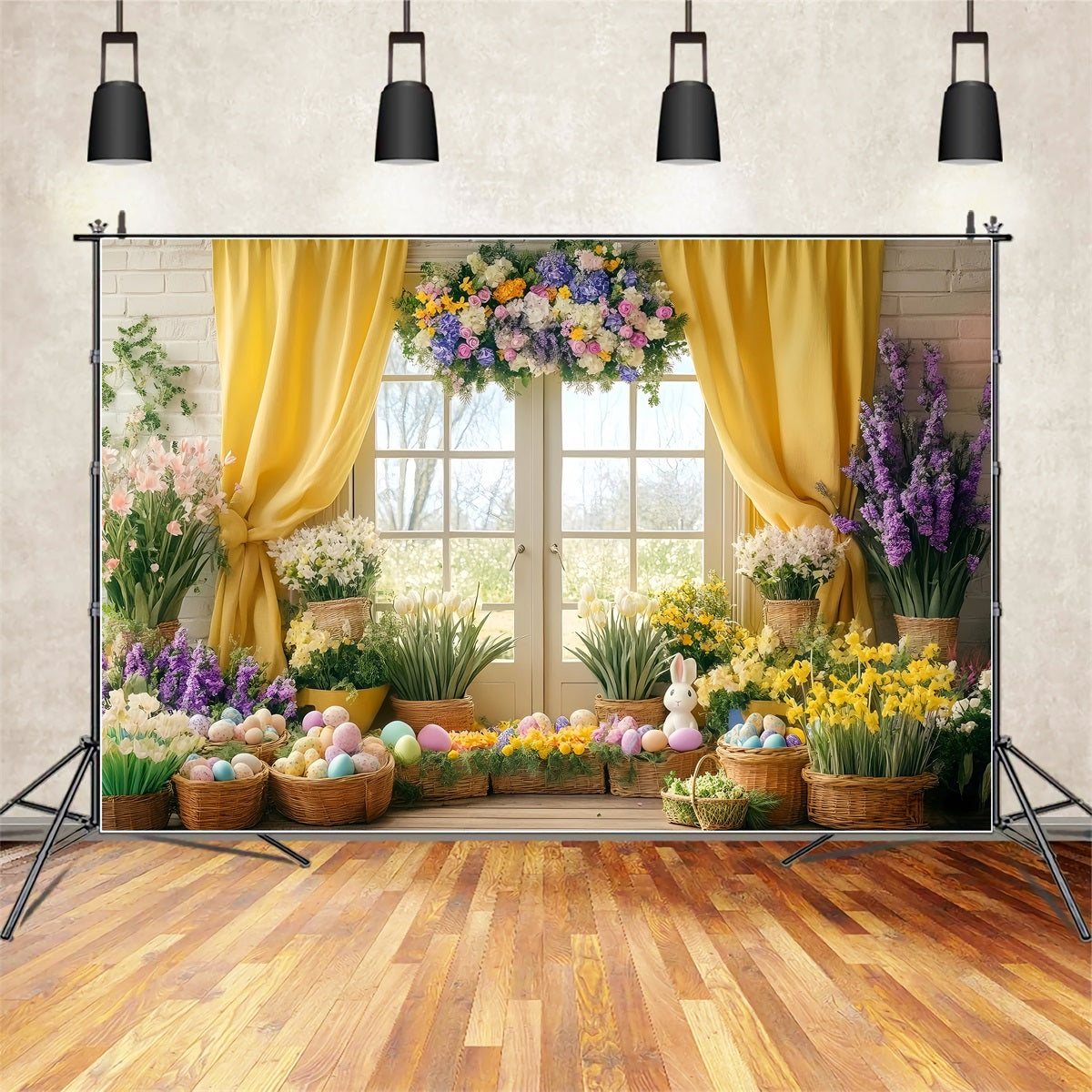 Osterlilien-Hintergrund Sonniger gelber Vorhang Blumen-Ostereier-Hintergrund LXX512-125