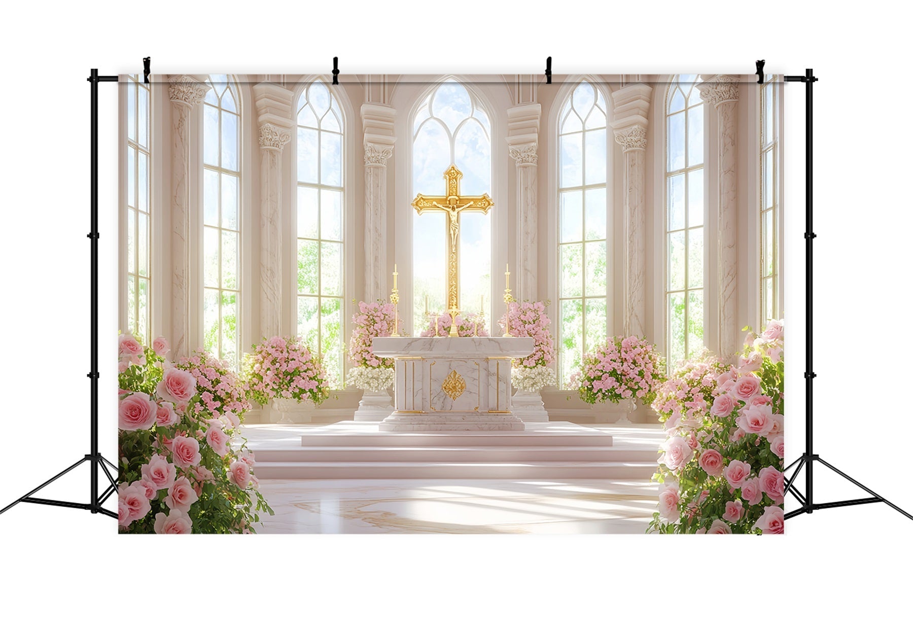 Kirche Ostern Hintergrund Goldenes Kreuz Blumen Kathedrale Religiöse Ostern Hintergründe LXX512-128