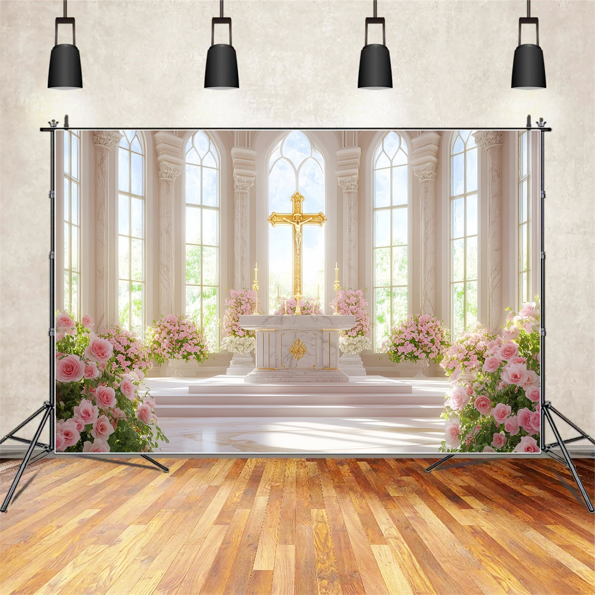 Kirche Ostern Hintergrund Goldenes Kreuz Blumen Kathedrale Religiöse Ostern Hintergründe LXX512-128