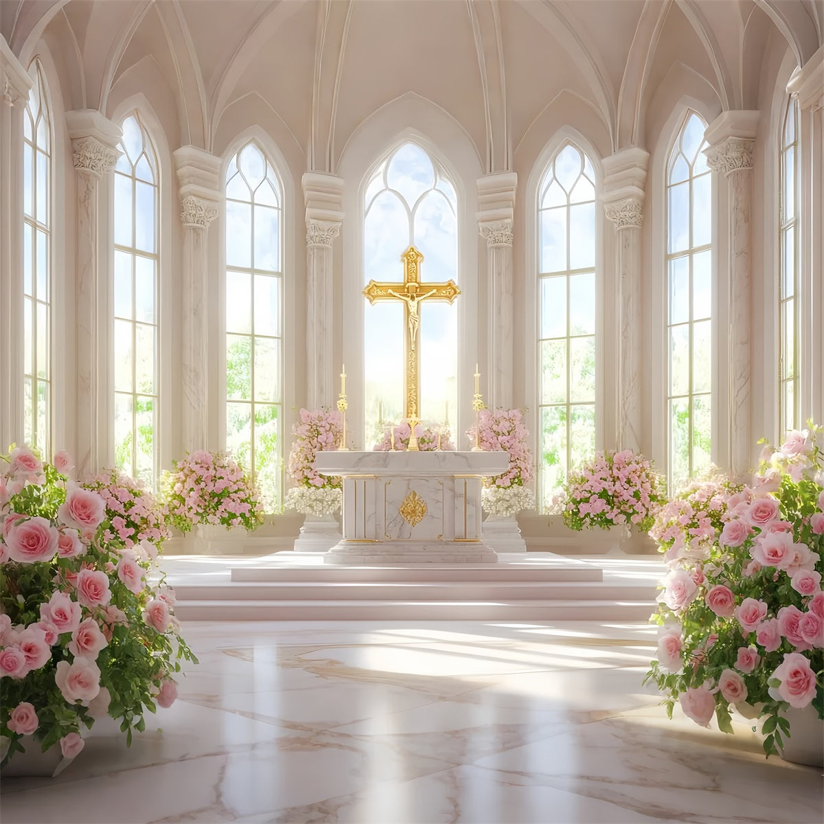 Kirche Ostern Hintergrund Goldenes Kreuz Blumen Kathedrale Religiöse Ostern Hintergründe LXX512-128