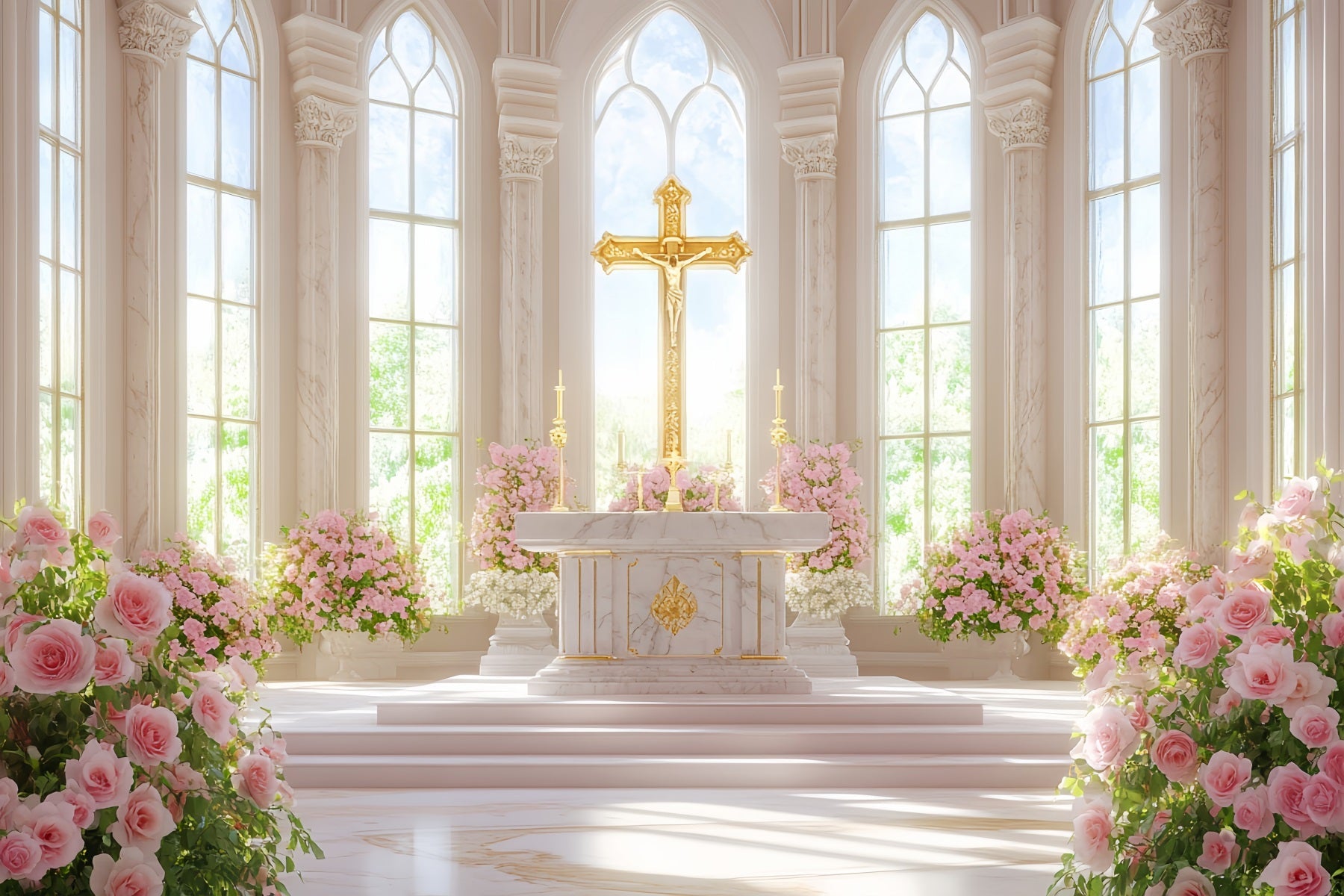 Kirche Ostern Hintergrund Goldenes Kreuz Blumen Kathedrale Religiöse Ostern Hintergründe LXX512-128