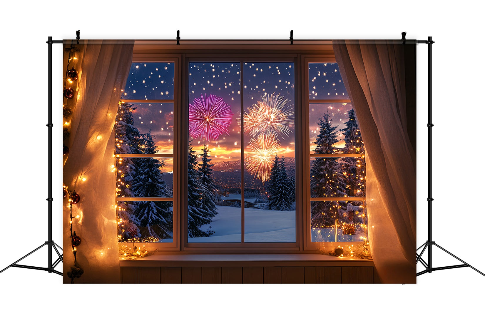 Neujahrs-Fotohintergrund Winterliches verschneites Fenster Wald Feuerwerk-Hintergrund LXX512-13