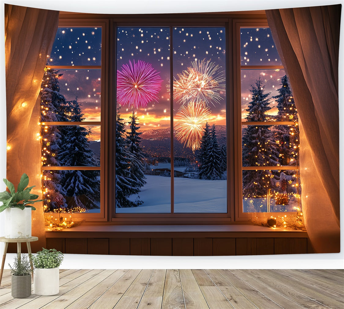 Neujahrs-Fotohintergrund Winterliches verschneites Fenster Wald Feuerwerk-Hintergrund LXX512-13