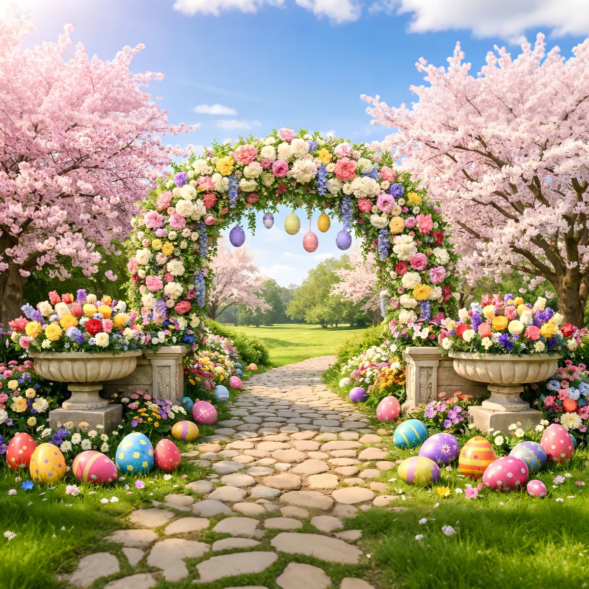 Hintergrund für Ostereiersuche Blütenbogen Gartenweg Osterblumen-Hintergrund LXX512-131