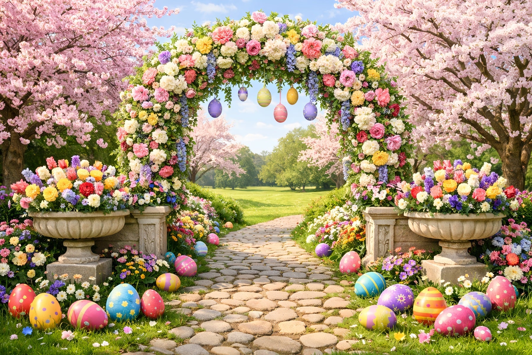Hintergrund für Ostereiersuche Blütenbogen Gartenweg Osterblumen-Hintergrund LXX512-131