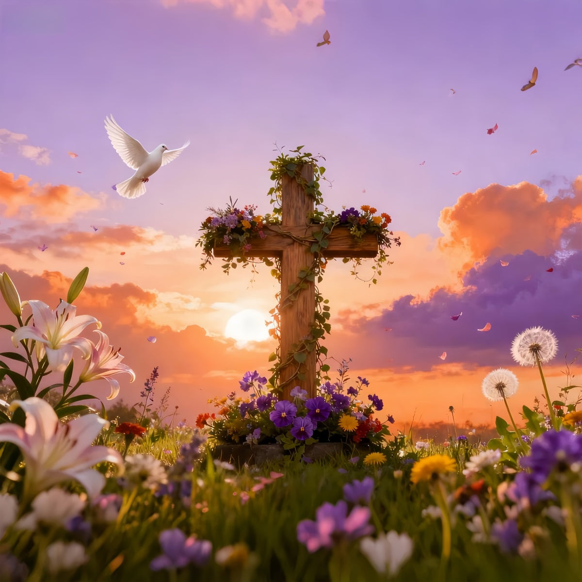 Kreuz-Hintergrund Auferstehung Singvögel Sonnenaufgang Wiese Osterkirche Foto-Hintergrund LXX512-132