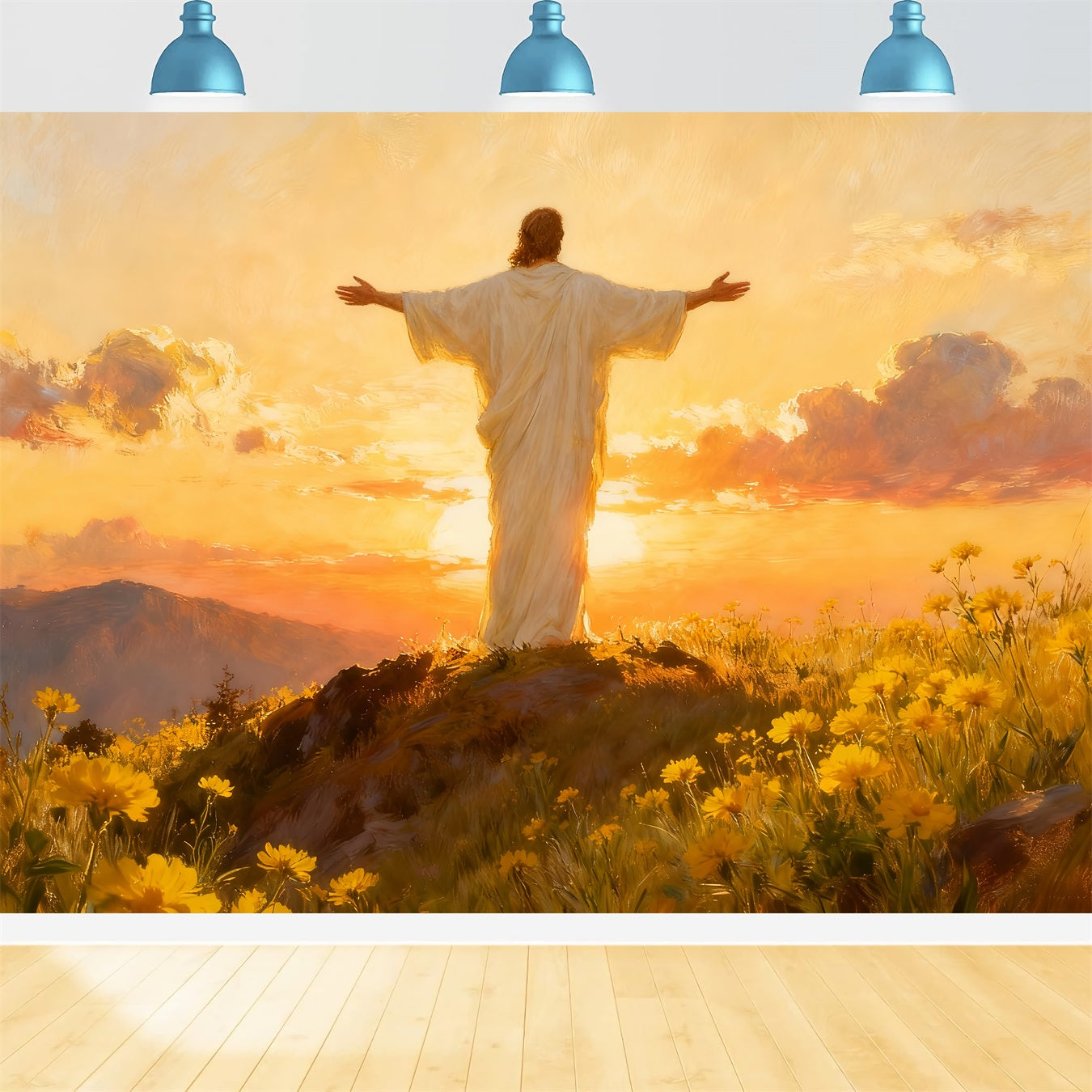 Kirche Oster-Hintergrund Auferstandener Christus Goldene Morgendämmerung Religiöse Oster-Hintergründe LXX512-133