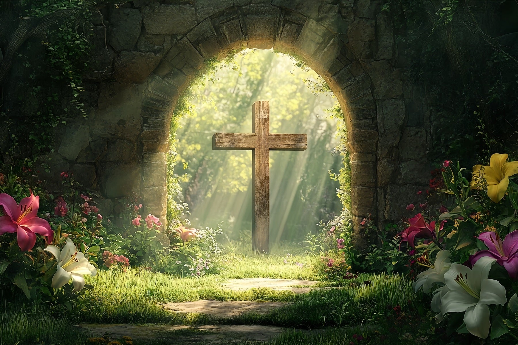 Kreuz-Hintergrund Wald Heiliger Steinbogen Oster-Foto-Hintergrund LXX512-134