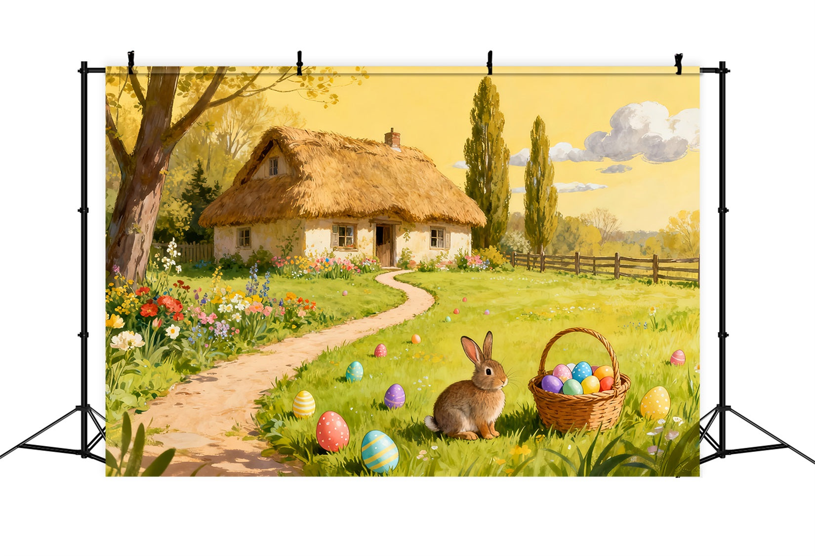Hintergrund für Ostereiersuche Aquarell Ländliches Cottage Garten Hasen-Hintergrund LXX512-135