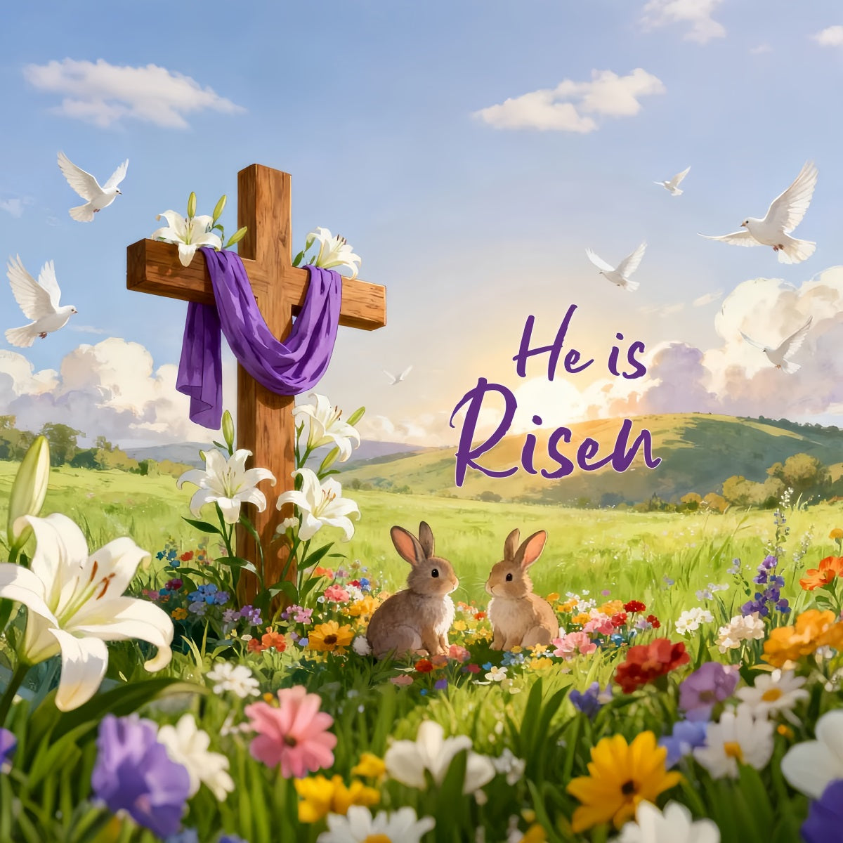 Er ist auferstanden Hintergrund Auferstehung Kreuz Wiesenhasen Religiöse Osterhintergründe LXX512-136
