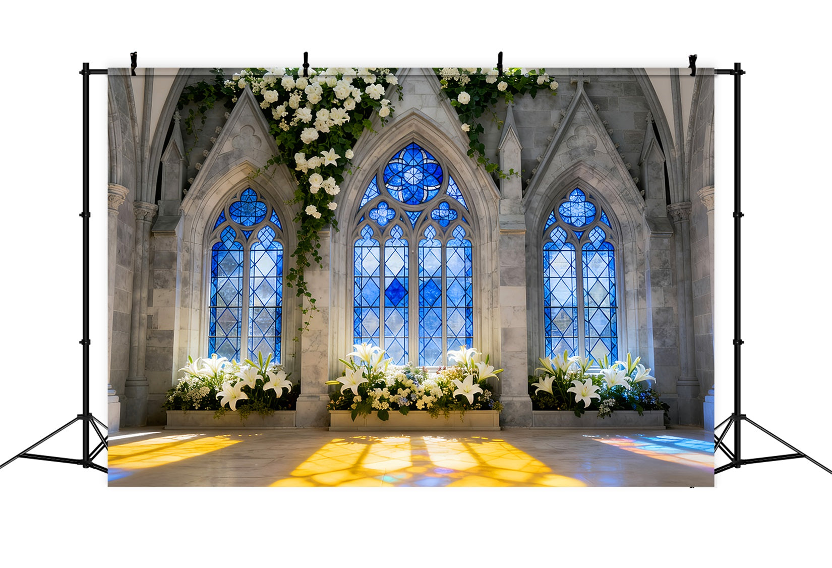 Kirche Osterhintergrund Gotisches blaues Fenster Lilie Licht Buntglas-Hintergrund LXX512-137