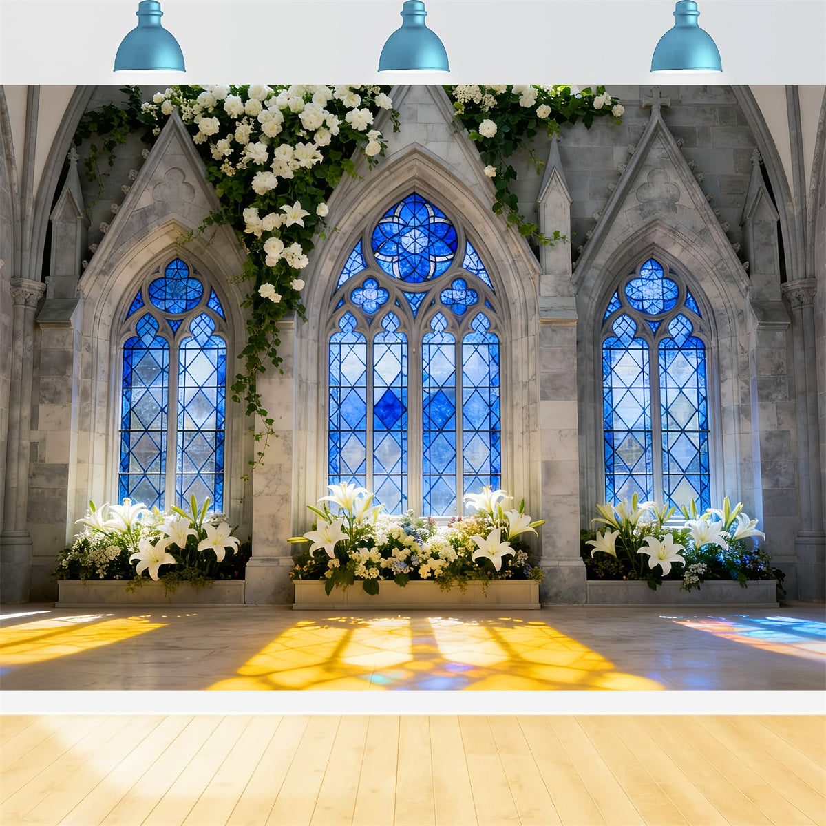 Kirche Osterhintergrund Gotisches blaues Fenster Lilie Licht Buntglas-Hintergrund LXX512-137
