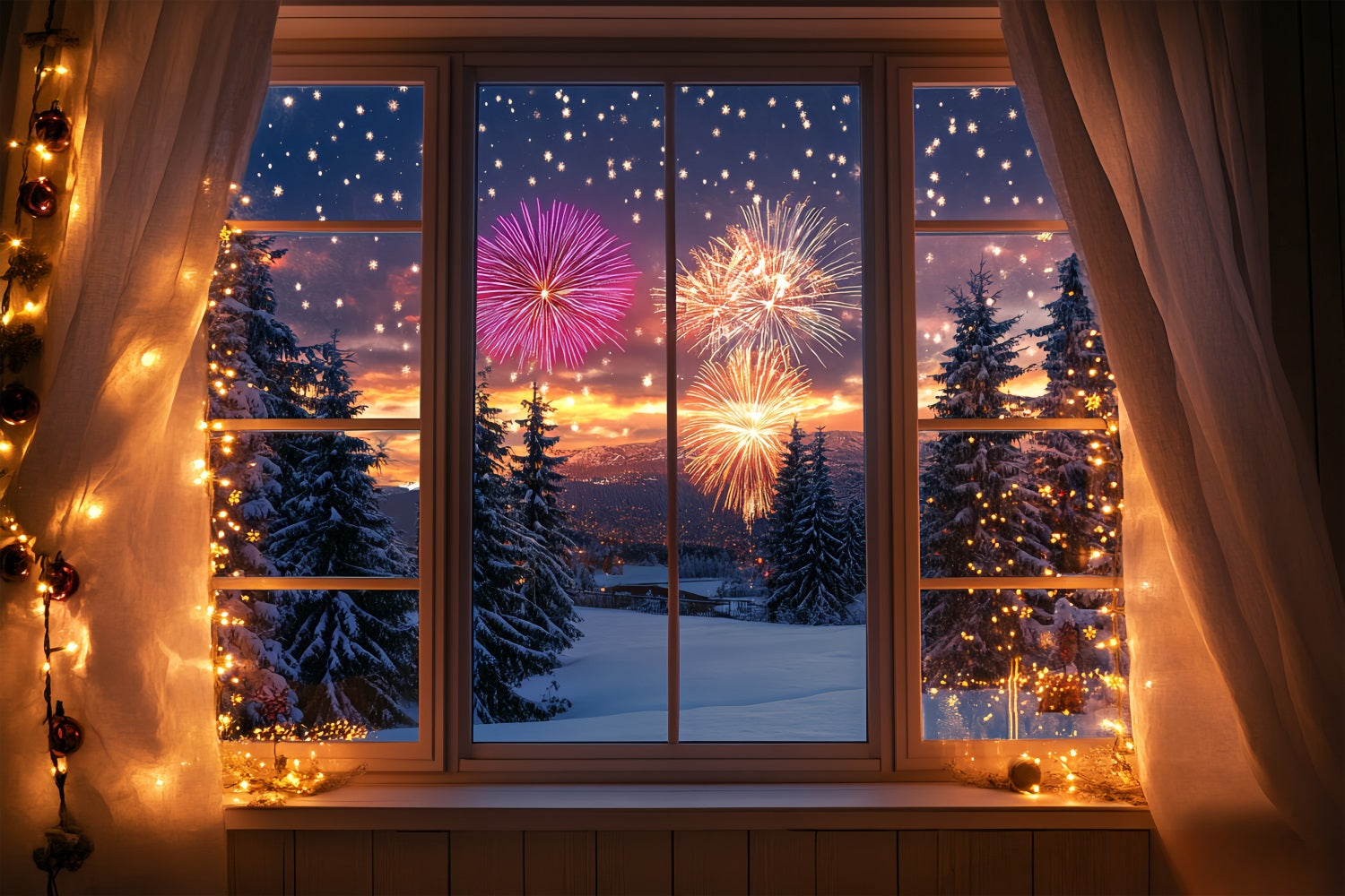 Neujahrs-Fotohintergrund Winterliches verschneites Fenster Wald Feuerwerk-Hintergrund LXX512-13