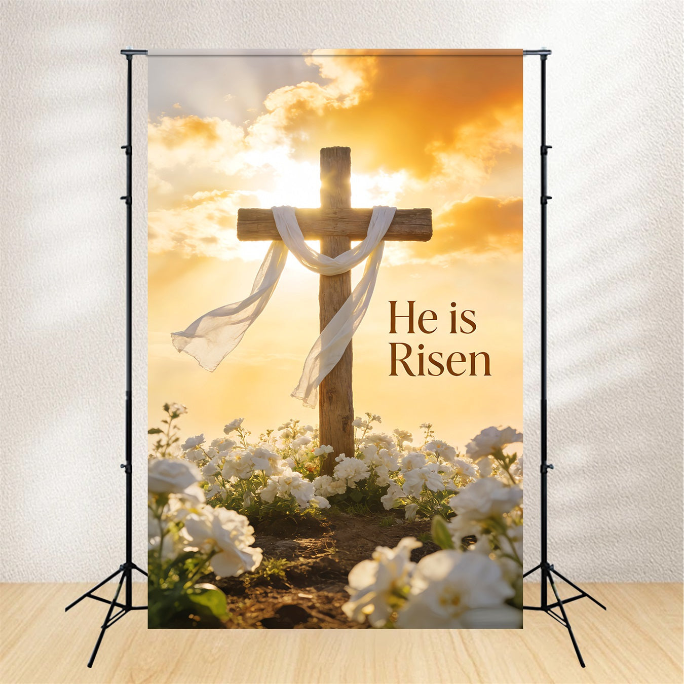 Er ist auferstanden Hintergrund Sonnengekröntes Kreuz Lilie Wiese Kirche Oster-Hintergrund LXX512-140
