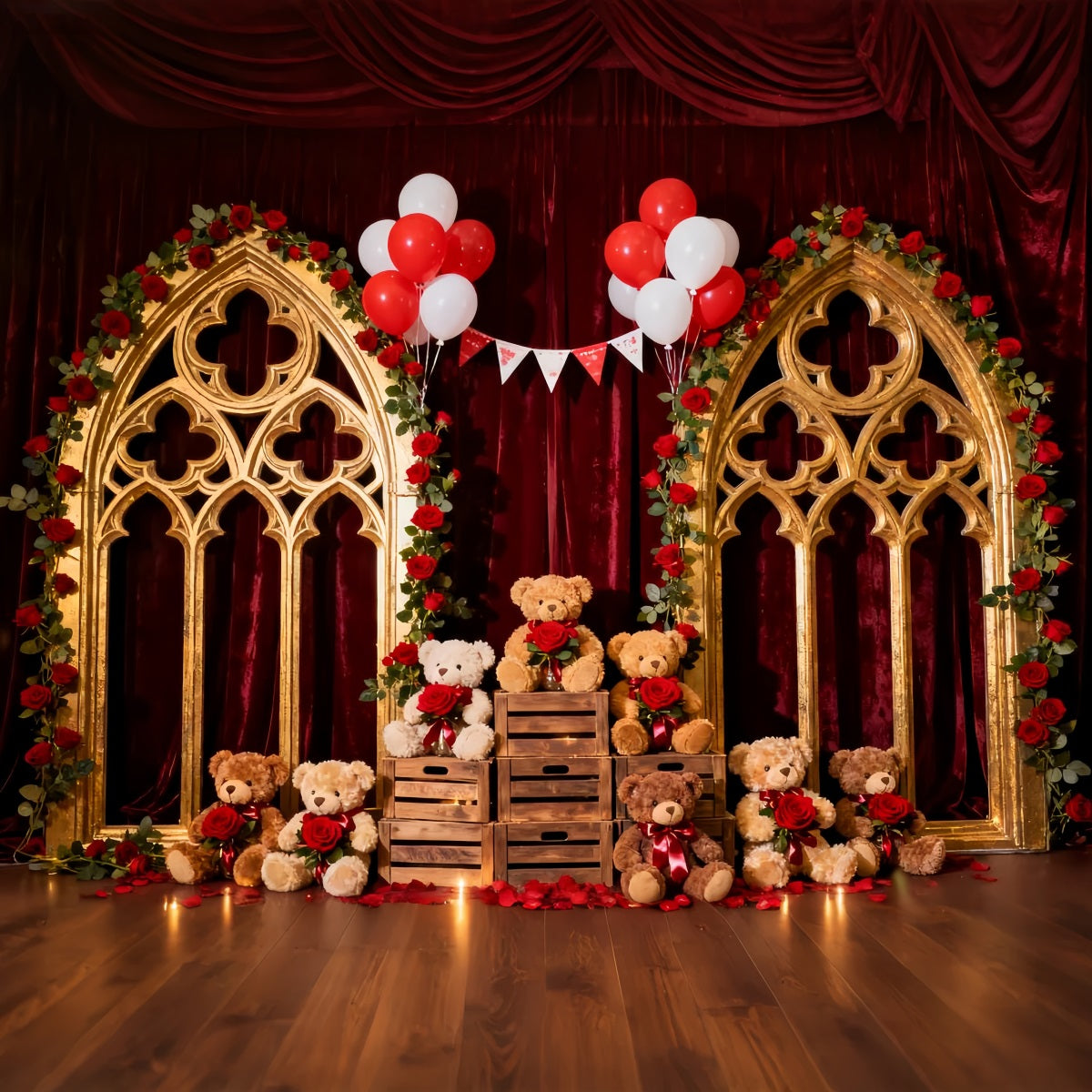 Romantischer Hintergrund Purpurrote Rosenballons Teddybär Blumenbogen Valentinstag-Hintergrund LXX512-142