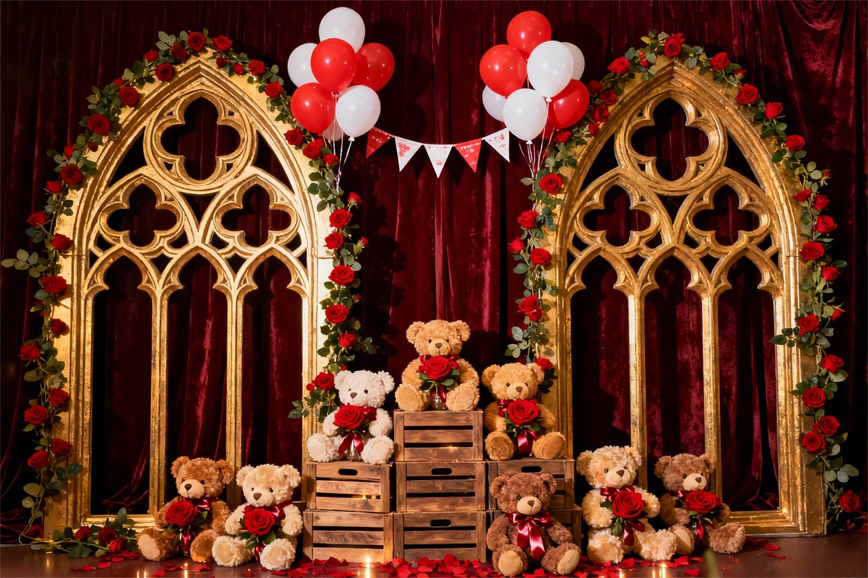 Romantischer Hintergrund Purpurrote Rosenballons Teddybär Blumenbogen Valentinstag-Hintergrund LXX512-142