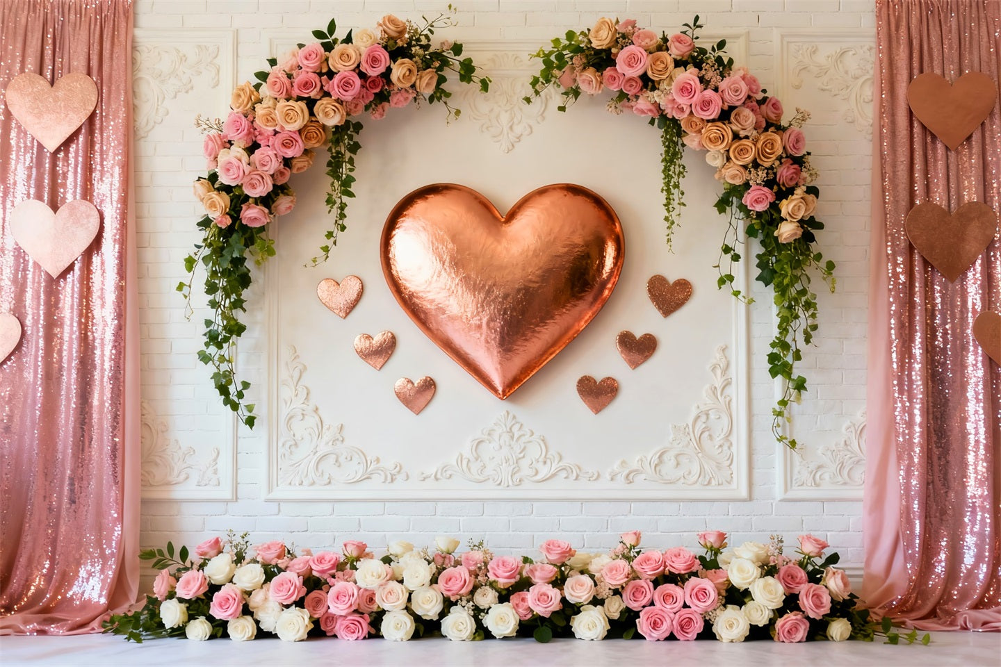 Rosa Herz-Hintergrund Roségold Herz Blumenwand Valentinstag-Hintergrund LXX512-147