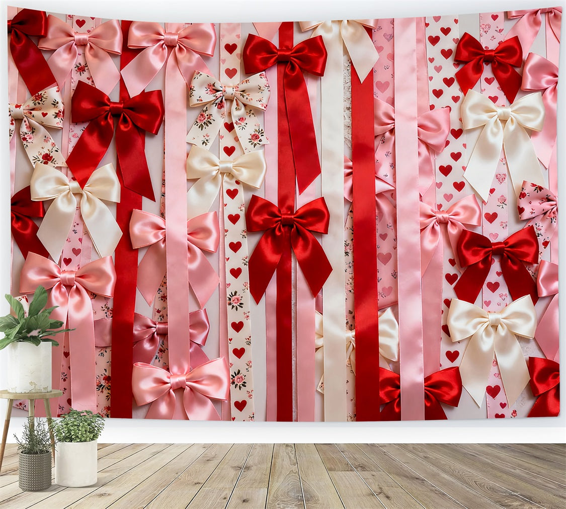 Rosa Valentinstag-Hintergrund Satin-Schleife Herzmuster Romantischer Hintergrund LXX512-153