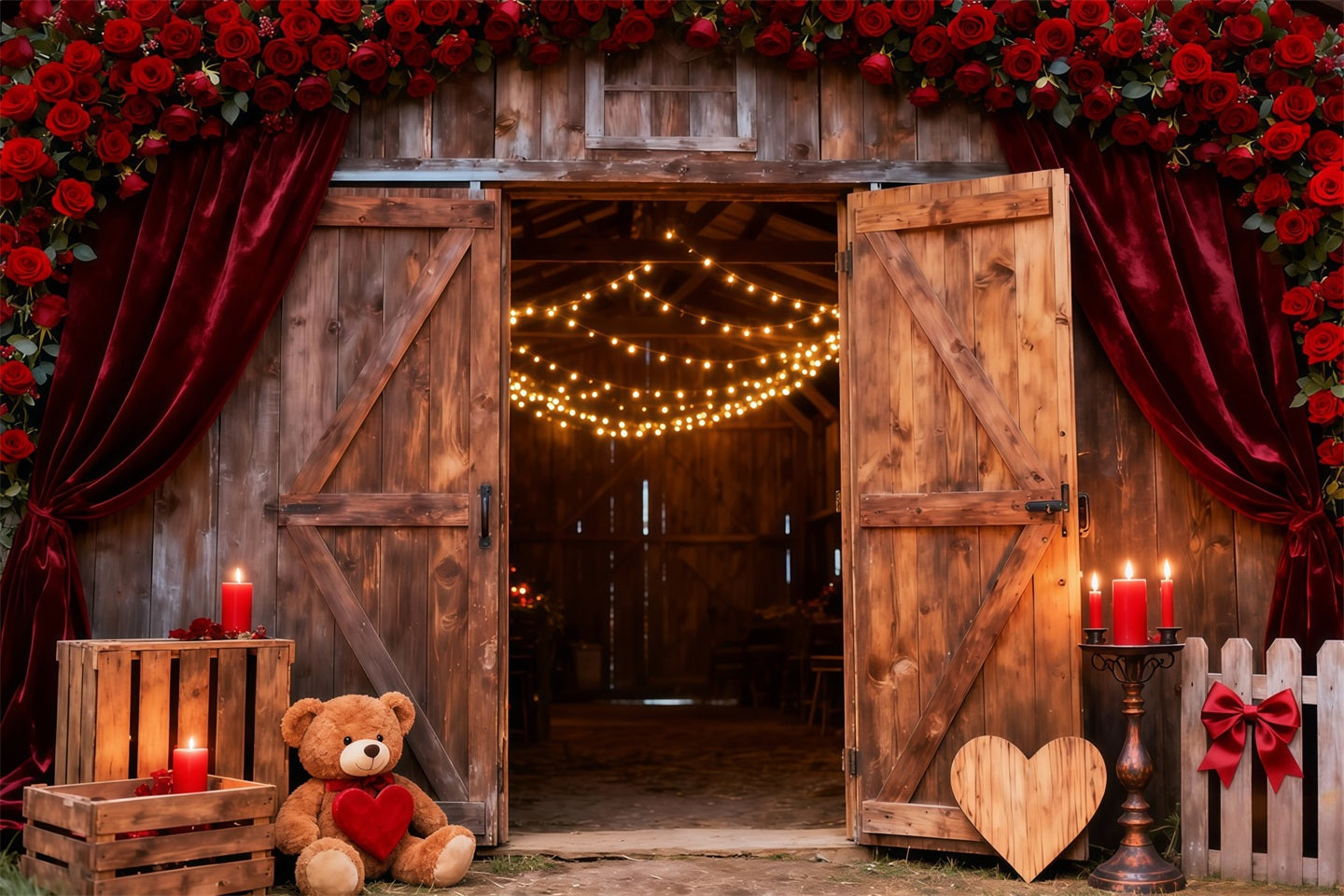 Blumenbogen-Valentinstag-Hintergrund Rustikale Rosentore Leuchtende Liebes-Hintergründe LXX512-154