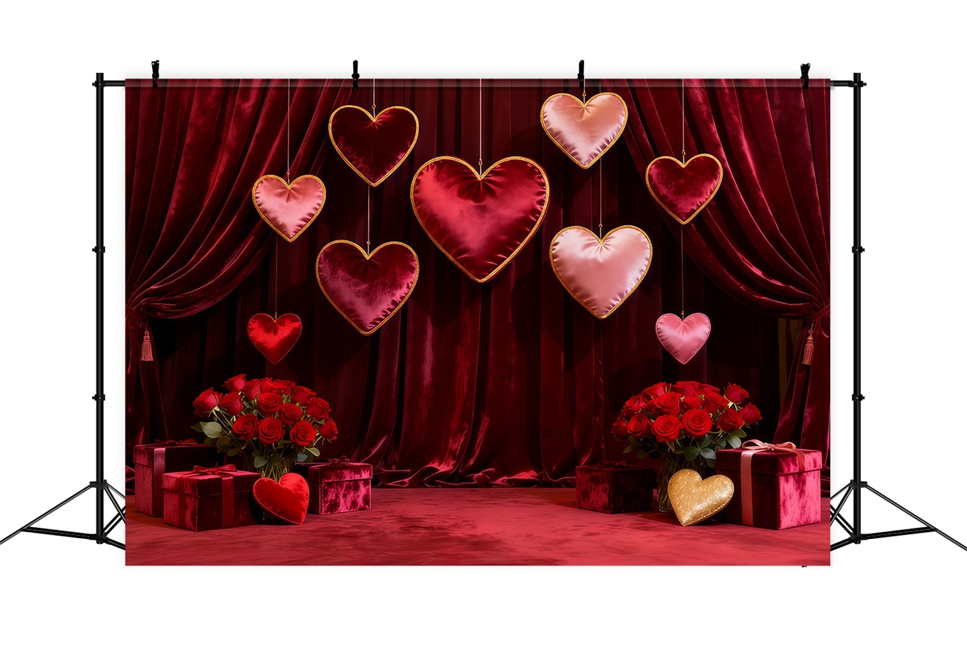 Valentinstag-Fotohintergrund Samtbehangene hängende Herzen Roter Rosen-Hintergrund LXX512-161