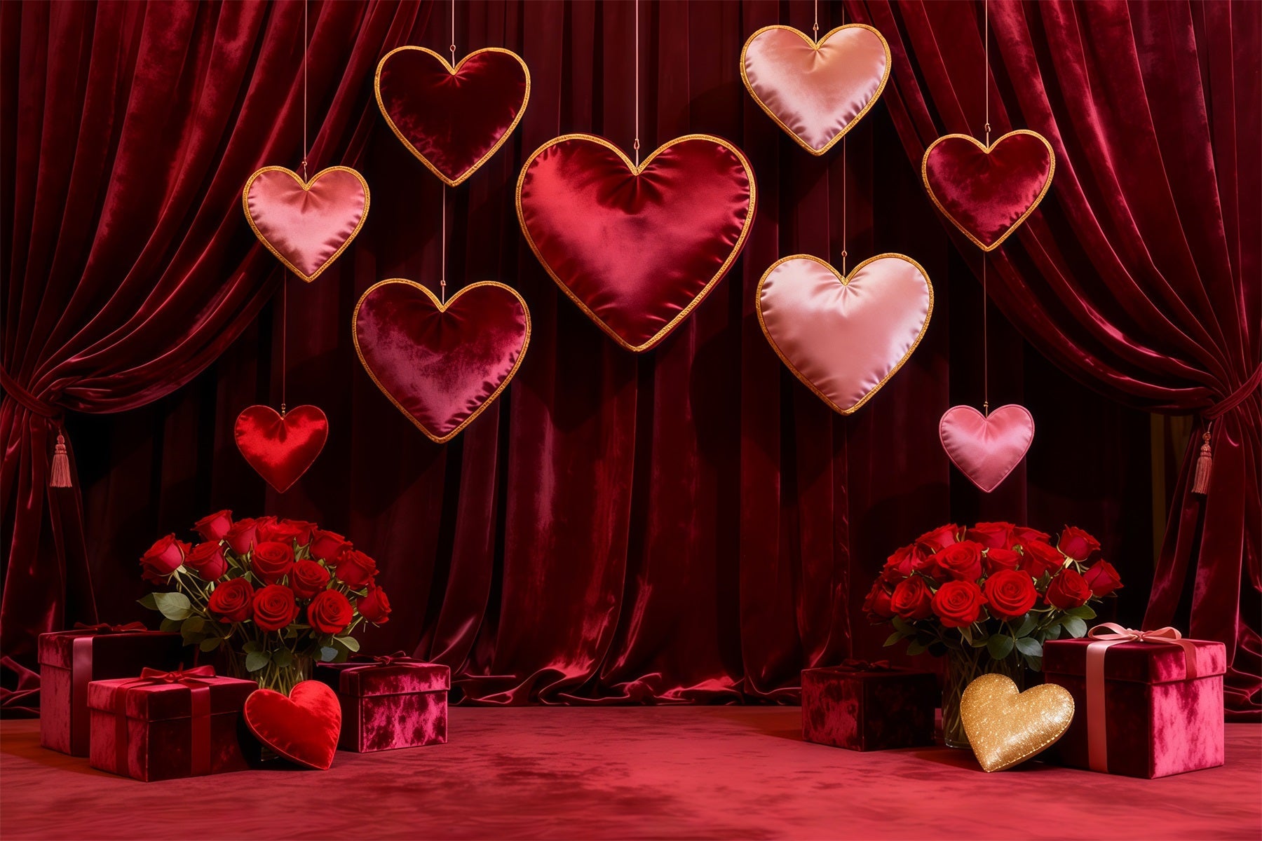 Valentinstag-Fotohintergrund Samtbehangene hängende Herzen Roter Rosen-Hintergrund LXX512-161