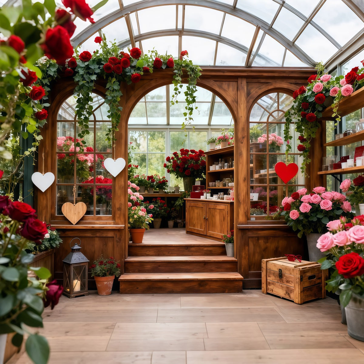 Rustikaler Bauernhof Valentinstag-Hintergrund Garten Gewächshaus Romantik Roter Rosen-Hintergrund LXX512-163