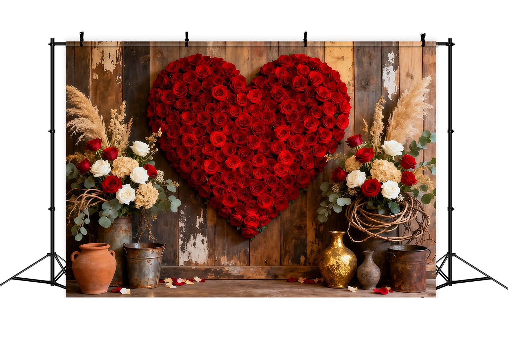 Herz-Blumen-Hintergrund Holztür Roter Rosen-Valentinstag-Hintergrund LXX512-165