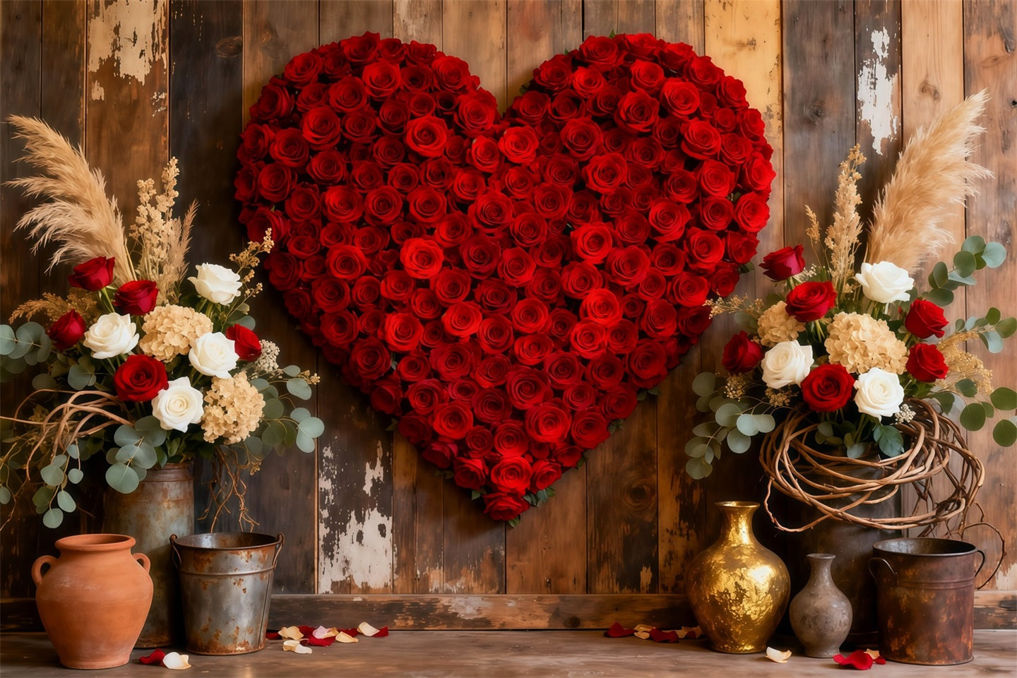 Herz-Blumen-Hintergrund Holztür Roter Rosen-Valentinstag-Hintergrund LXX512-165